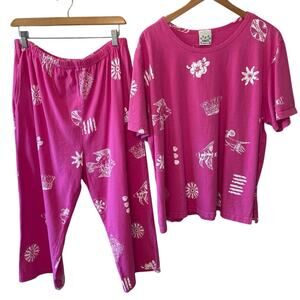 VTG Donna Tropical Boho Grandmacore Pink Cotton Fish Print Tee & Pant Set Sz XL